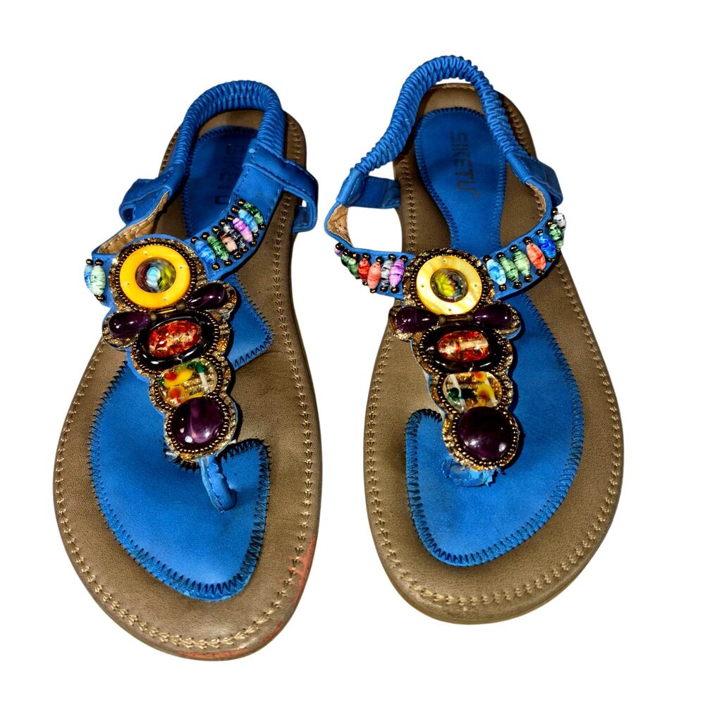 Siketu Bohemian Leather Beaded and Stone Flat Thong Sandals Multicolor Jewels 11